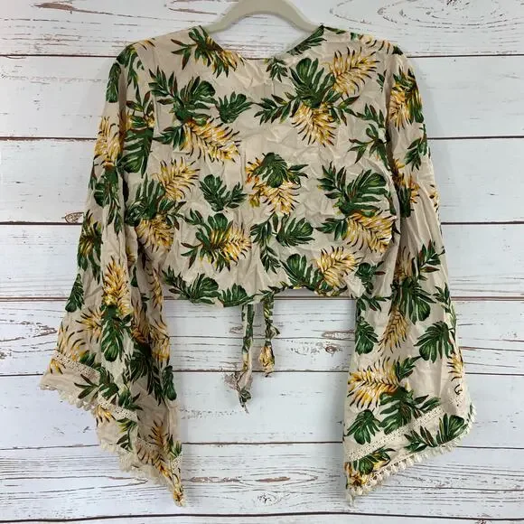 Windsor L Tropical Floral Palm Tree Tie Up Front Long Flare Sleeve Crop Top - Picture 5 of 7